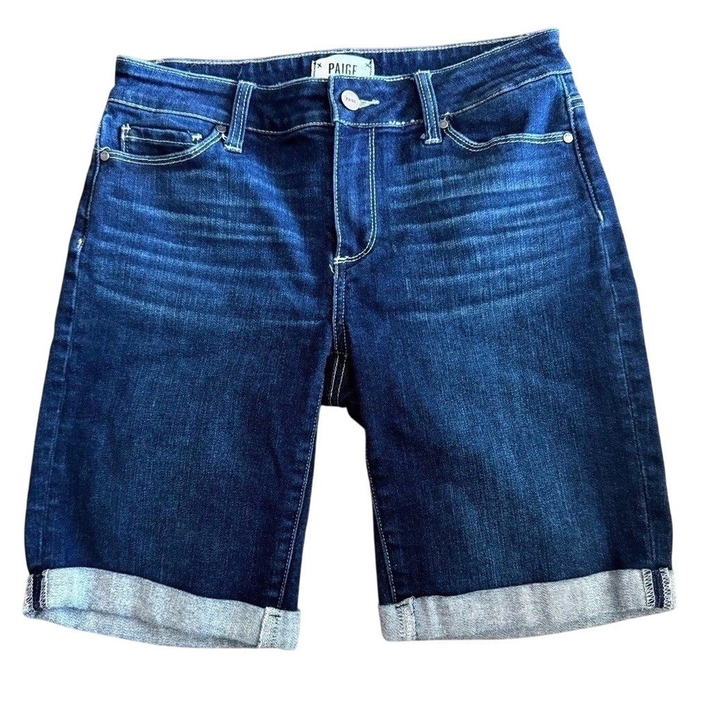 Paige Jax Knee Short Dark Wash Cuffed Denim Bermuda Jorts Size 28